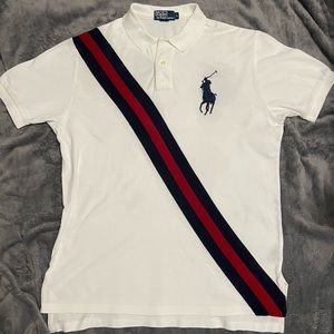 Ralph Lauren Polo Men’s White L Big Blue Pony Red Diagonal Stripe Shirt Vintage
